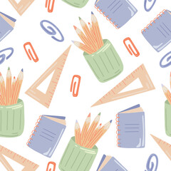 Seamless School Supplies Pattern in Flat Style