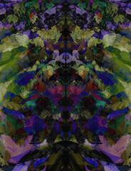 Expression of a magical kaleidoscope. Symmetry abstract background with multicolored feathers,  collage illustration