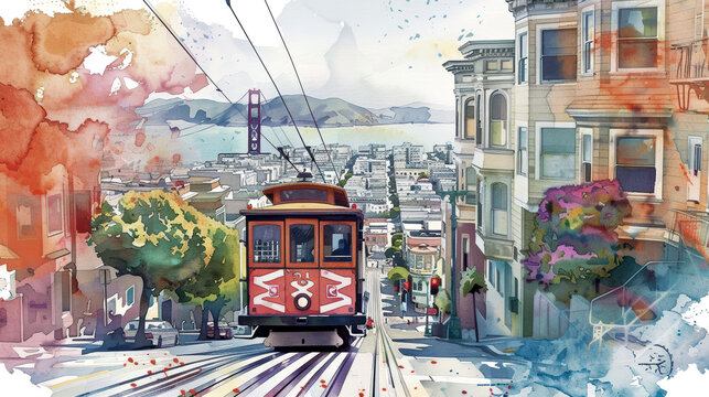 Cute illustration of San Francisco of Satsuma Street, on a watercolor background, 