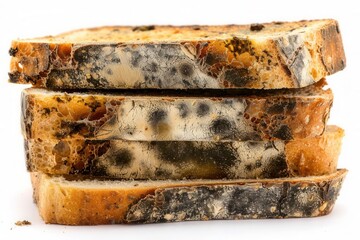 Moldy bread slices stacked together, showing various stages of mold growth, isolated on white background