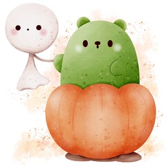 Watercolor illustration cute little ghost and pumpkin