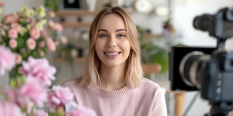 Energetic young woman vlogging about beauty and lifestyle to the camera. Concept Beauty Vlogging, Lifestyle Content, Energetic Woman, Camera Interaction, Young Content Creator