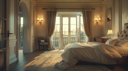 A luxurious bedroom featuring French doors opening to a balcony, soft lighting and elegant decor creating a serene and sophisticated atmosphere