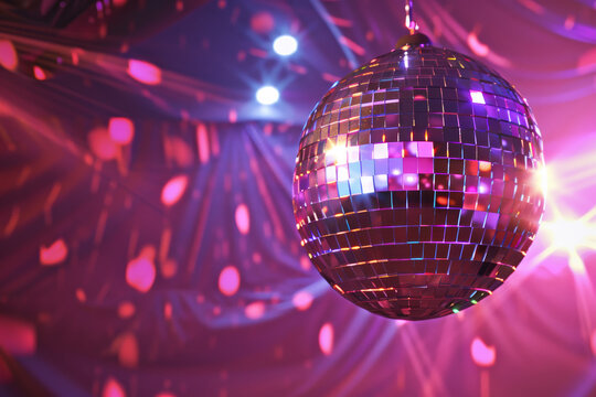 A glitzy disco ball reflects vibrant pink and purple lights in a lively, atmospheric party scene, creating a dazzling display of colors and motion.
