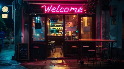 restaurant cafe bar sign in the late dark night evening. welcome sign bar neon light pink glowing. outside shop on a city street. wallpaper background 16:9 for ad, print and web design