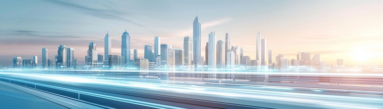 A smart city skyline featuring hyperloop terminals integrated with sustainable architecture and green energy solutions, highly detailed, photorealistic