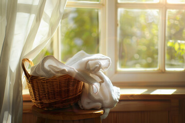 A charming basket of freshly washed white towels sitting on a wooden stool by a sunny window with flowing curtains.