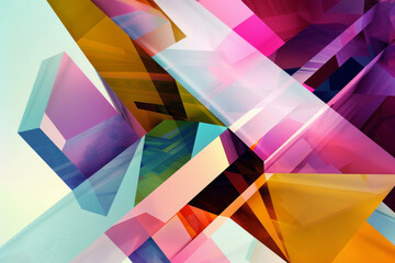 Vibrant abstract shapes in a translucent, prismatic design with interlocking forms and a blend of pink and yellow hues.