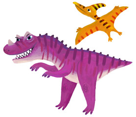 cartoon happy and funny colorful prehistoric dinosaur dino and quetzalcoatlus pterodactyl bird flying ceratosaurus isolated illustration for children