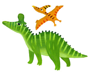 cartoon happy and funny colorful prehistoric dinosaur dino lambeosaurus and quetzalcoatlus pterodactyl bird flying isolated illustration for children