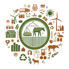 Fototapeta premium Circular Illustration of Rural Life with Green and Brown Icons