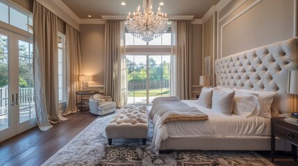 A luxurious master bedroom in a new home, featuring a grand chandelier and large windows, elegant decor
