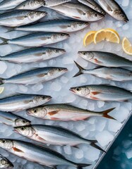 Obraz premium Top view of a large metal tray filled with ice and fresh fish, neatly arranged in a circular pattern, showcasing their shiny scales and fresh appearance, Generative AI.