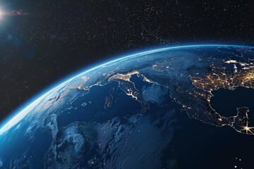 A spectacular view of Earth from space, showcasing its illuminated surface, vibrant blue oceans, and twinkling city lights against the dark vacuum.