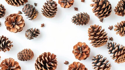 Brown pine cones on a white background for Christmas party decorations