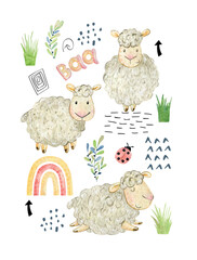 Watercolor vector poster with sheeps. Composition for greeting card and etc. Wall decor.