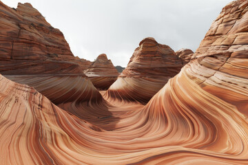Spectacular sandstone formations swirl gracefully under a soft sky, creating a mesmerizing natural landscape.