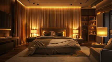 A luxurious modern bedroom designed for ultimate relaxation, featuring plush bedding, sleek furniture
