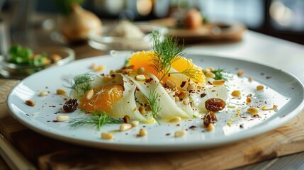 Gourmet fennel and orange salad with raisins pine nuts olive oil and orange juice topped with flavored foam on a white plate on a wooden table