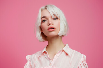 Fototapeta premium A stylish young woman with short platinum blonde hair poses against a soft pink background, her expression tranquil and composed.