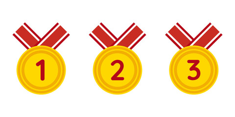 Gold medals, awards, ribbons for first, second, third place. Isolated on transparent background