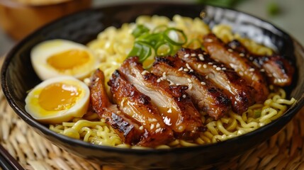 The national cuisine of Japan. Honey pork with ramen noodles.