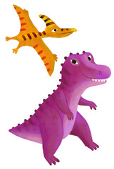 cartoon happy and funny colorful prehistoric dinosaur dino tyrannosaurus and quetzalcoatlus pterodactyl bird flying isolated illustration for children