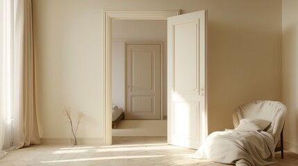 A minimalist scene of an empty room with an open door leading to a beige modern bedroom, soft lighting and clean lines creating a serene and elegant atmosphere