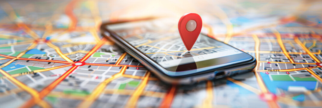 A phone with a red dot on it is on a map