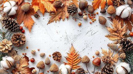 autumn frame made of acorns pine cones cotton on white background flat lay top view autumn fall thanksgiving day vertical banner design