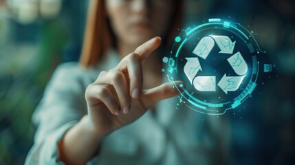 Businesswoman standing touching green recycling icon on virtual touch screen