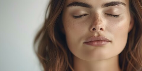 Woman in her mid-30s with eyes closed showcasing beauty skincare products in a photoshoot. Concept Skincare Products, Beauty Photoshoot, Mid-30s Woman, Eyes Closed, Product Showcase