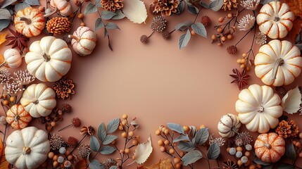 Obraz premium autumn frame of white pumpkins,fall decorations on brown background flat lay top view copy space