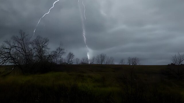 A stormy desolate moor with howling winds and ominous lightning strikes.