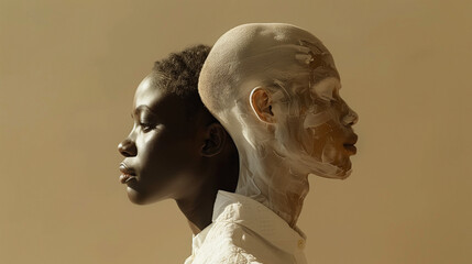 Portrait artistique de deux personnes, une femme noire et un homme albinos à la peau blanche, aux vêtements et cheveux blancs sur fond beige, contrastes et clair obscur