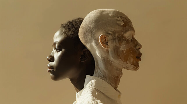 Portrait artistique de deux personnes, une femme noire et un homme albinos &agrave; la peau blanche, aux v&ecirc;tements et cheveux blancs sur fond beige, contrastes et clair obscur