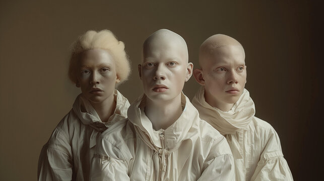 Trois personnes albinos, trois fr&egrave;res, &agrave; la peau blanche, aux v&ecirc;tements et cheveux blancs sur fond brun