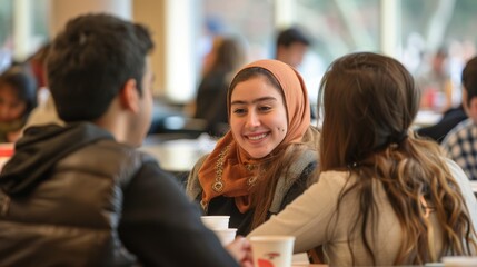 Obraz premium Diverse Group of Students Engaging in Language Exchange Workshop for Conversational Skills Improvement