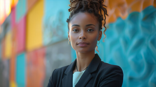 Portrait d'une femme &eacute;l&eacute;gante en costume noir sur fond color&eacute;, cadre, femme dirigeante, directrice ou administratrice au CODIR ou conseil d'administration d'une grande entreprise