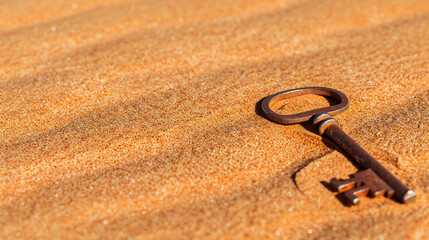an old, rusted key half-buried in the golden desert sand, concept of the yearning for home and the right of return, palestinian