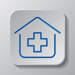 Obraz premium Clinic, hospital simple icon vector. Flat design. Paper cut design. Cutted blue symbol with shadow. Gray badge button, gray background