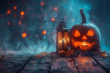 Halloween pumpkin with flames and smoke, lantern next to it, dark background, copy space, place for text