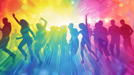 Energetic LGBTQ+ Celebration with Dancing Silhouettes and Vibrant Rainbow Spotlights