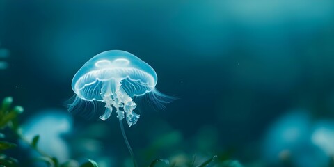 Serene Nocturnal Aquarium Setting with Tranquil Glowing Jellyfish Creates a Peaceful Atmosphere. Concept Aquarium Photography, Nighttime Settings, Glowing Jellyfish, Serene Atmosphere