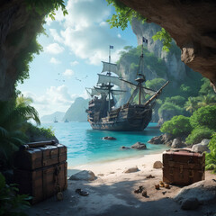 Fototapeta premium A pirate island with a shipwreck, treasure chests, maps, and pirate symbols, evoking a mysterious and adventurous atmosphere.