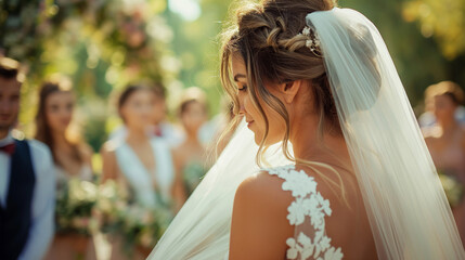 Bride Adjusting Veil at Outdoor Wedding Ceremony