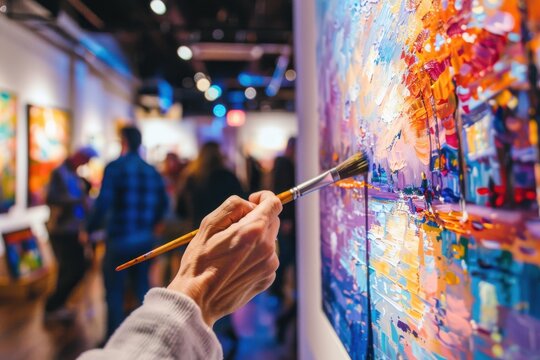 Art gallery with an artist painting a vibrant, colorful canvas while visitors observe in the background