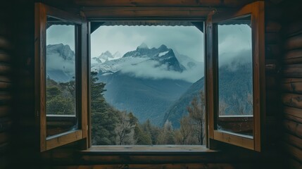 Fototapeta premium Secluded cottage with beautiful mountain views through large windows.