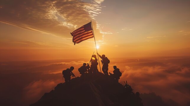 Military Personnel Raising a Flag at Sunrise on a Hilltop Symbolizing Duty and Honor