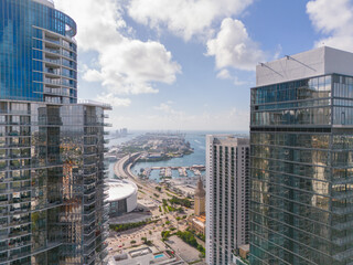 Skyscrapers in Miami. View of Port harbor. Aerial drone photography circa 2024